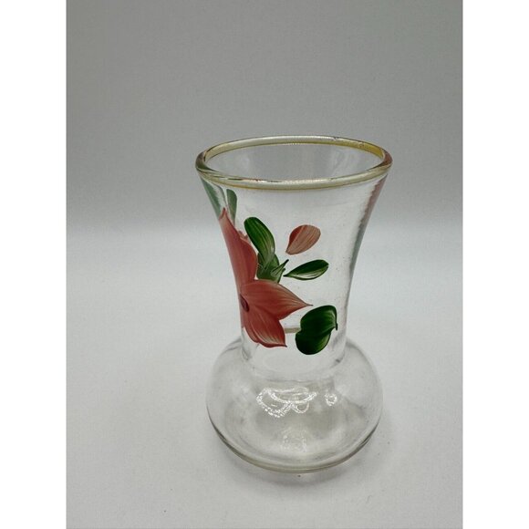 Vintage Bartlet Collins Clear Glass  Bud Vase Painted Flowers Gold Rim Pink 4" - Picture 2 of 5
